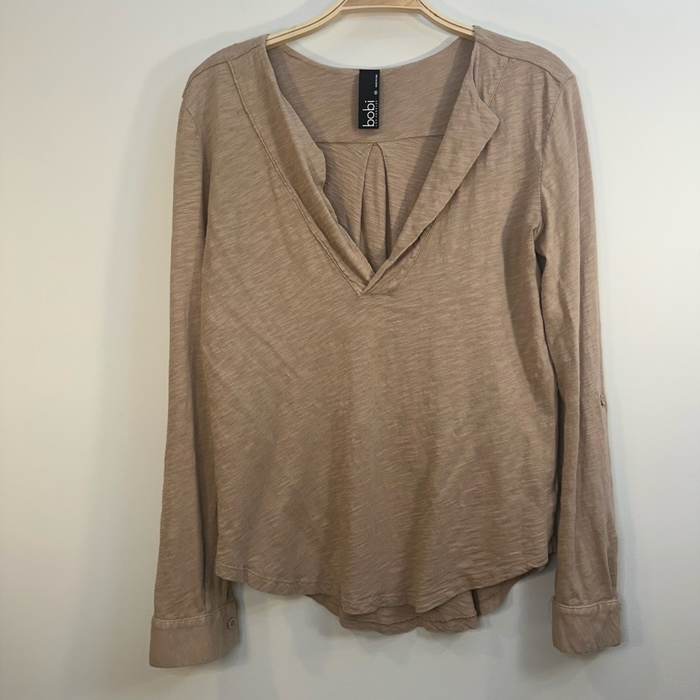 Bobi Los Angeles XS Top T Shirt Tan Beige Long Sleeve Roll Up Slub Cotton